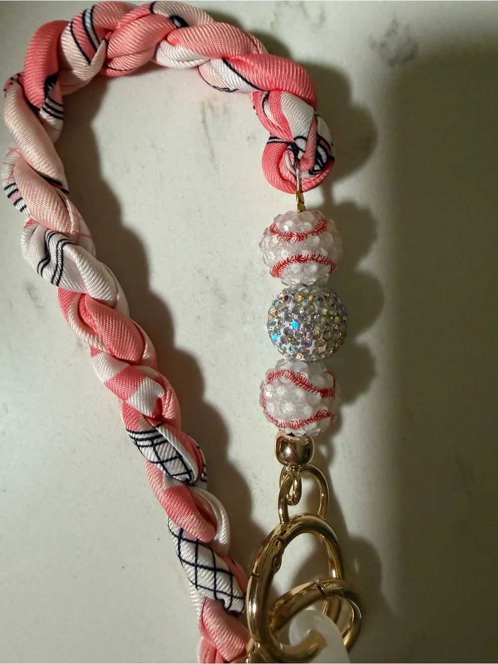 ✨ ⚽️  Soccer Bead & Pink Braided Ribbon Phone Wristlet